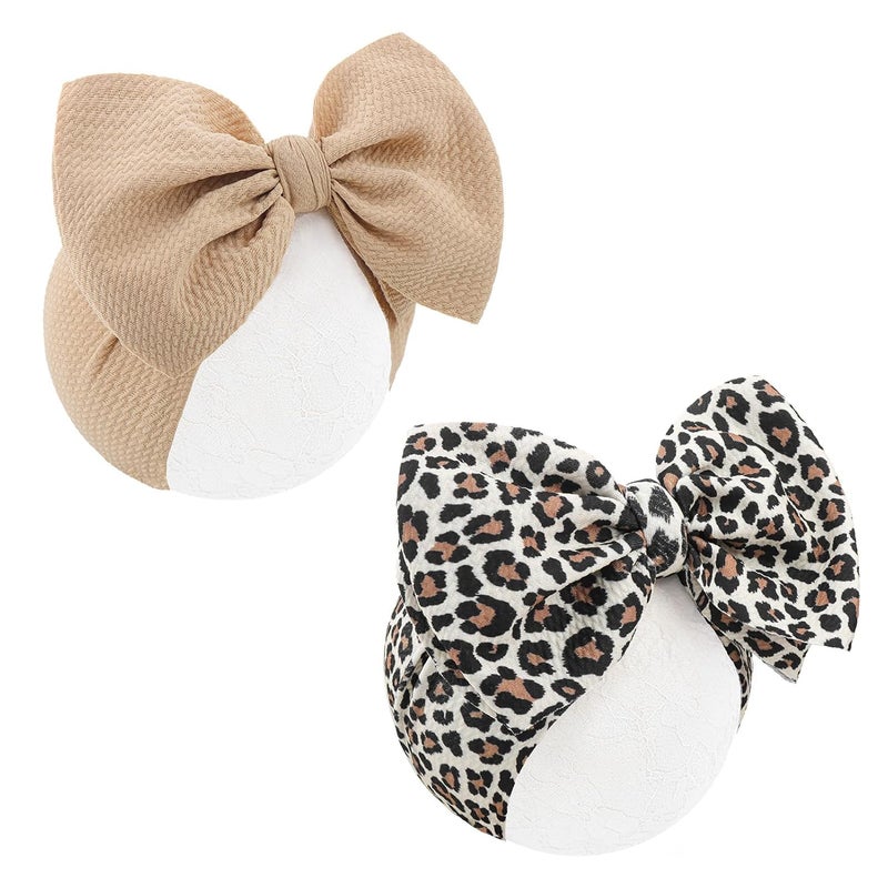 ONENINEDREAM 2Pcs Baby Girl Bows Leopard Print Headbands for Girls 7’’ Brown Bow Toddler Hair Accessories Newborn Infant Baby Hair Wrap - Image 1